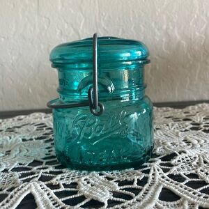 Vintage Glass Ball Jar | Embossed with an Eagle | Teal Colored Glass